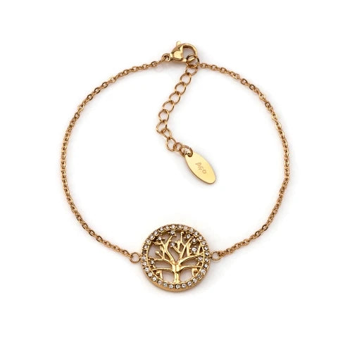 Pulseira Aço Dourado com  Árvore da Vida e Zircónias