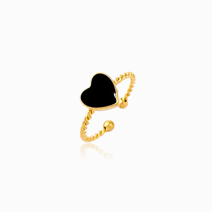 Anel Ajustável em Aço Dourado com Coração Preto