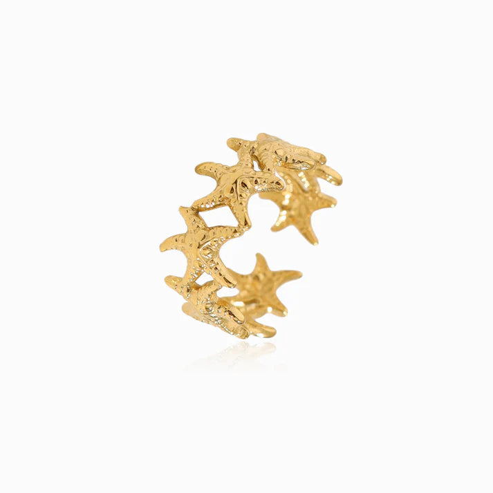 Anel em Aço Dourado Estrelas do Mar