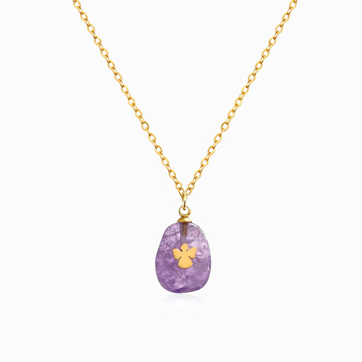 Colar em Aço Dourado com Pendente Ametista e Anjo