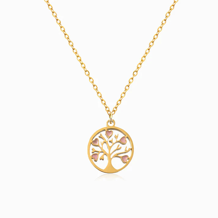 Colar em Aço Dourado com Pendente Árvore da Vida Rosa