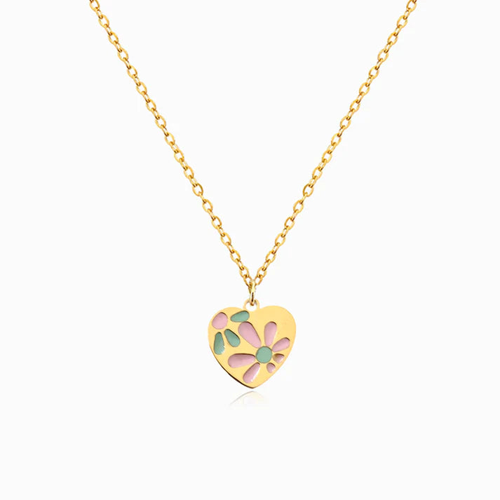 Colar em Aço Dourado com pendente Coração Florido