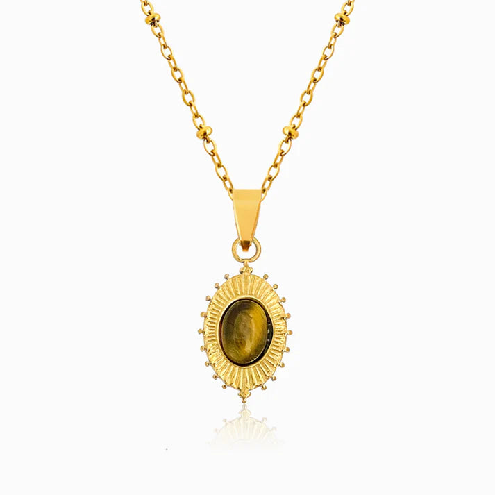 Colar em Aço Dourado com Pendente Pedra Olho de Tigre