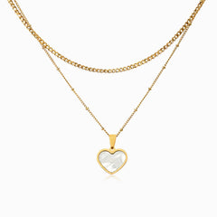Colar Duplo em Aço  Dourado com Coração em Madreperola