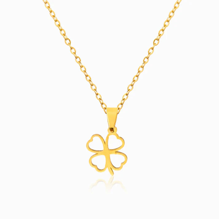 Colar em Aço Dourado com Pendente Trevo de 4 Folhas