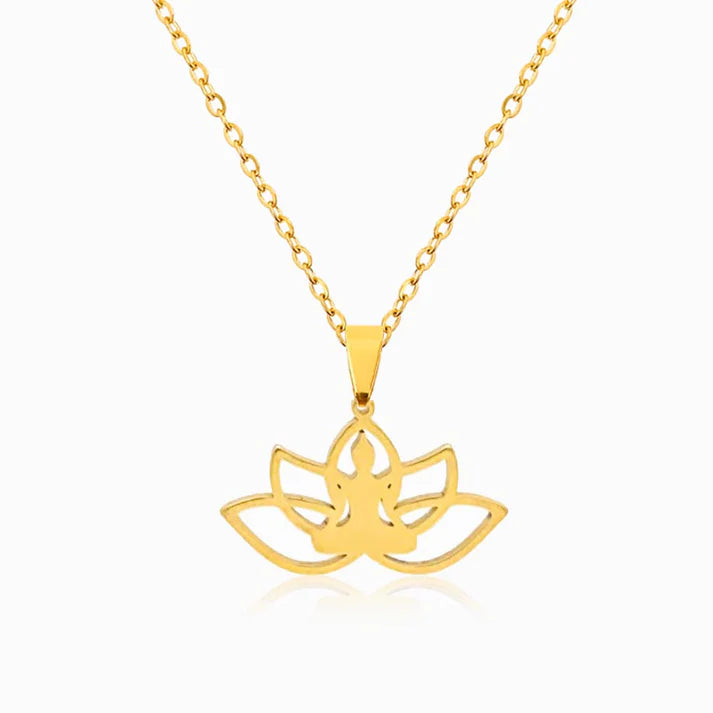 Colar em Aço Dourado Pendente Flor de Lótus