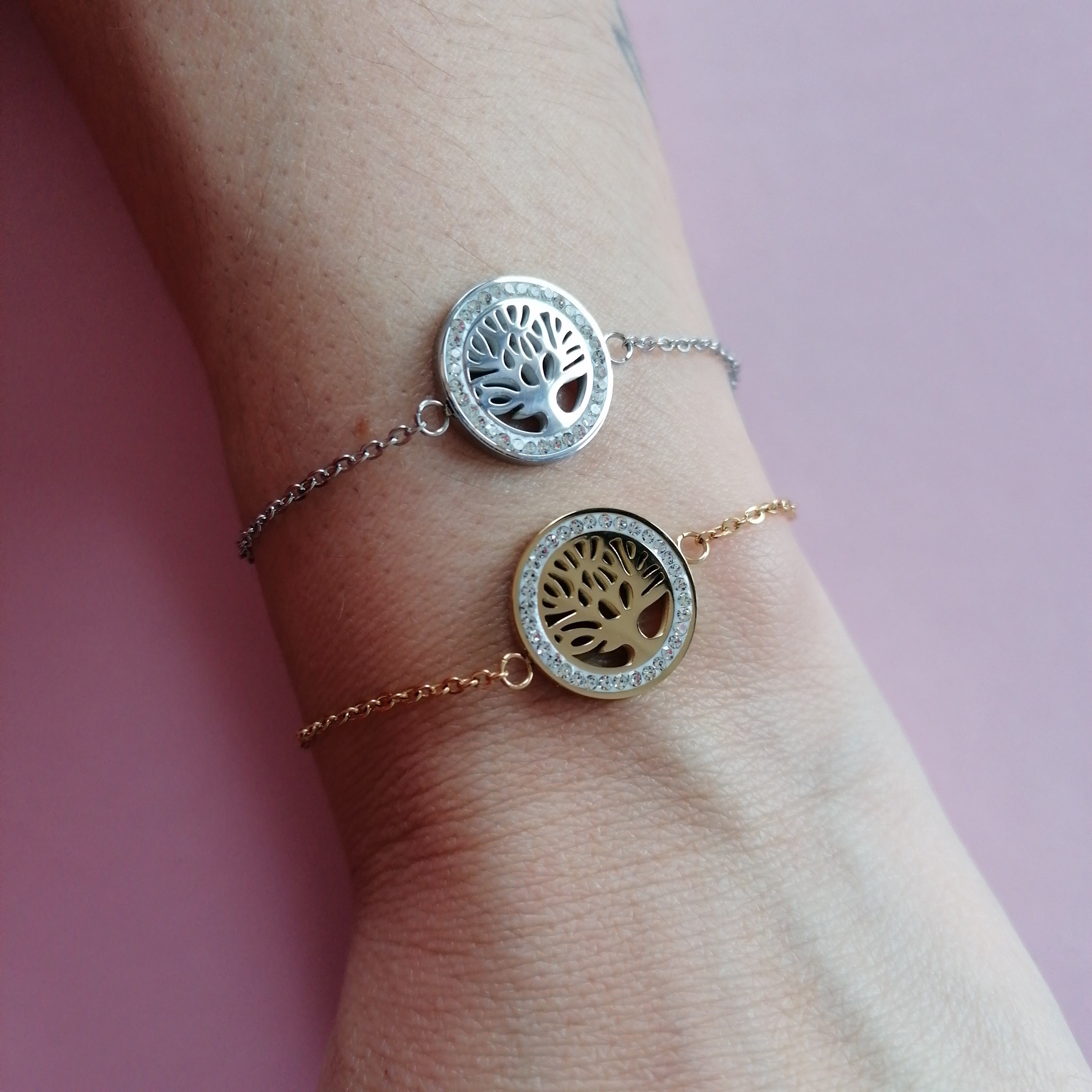 Pulseira Aço Dourado com  Árvore da Vida e Zircónias