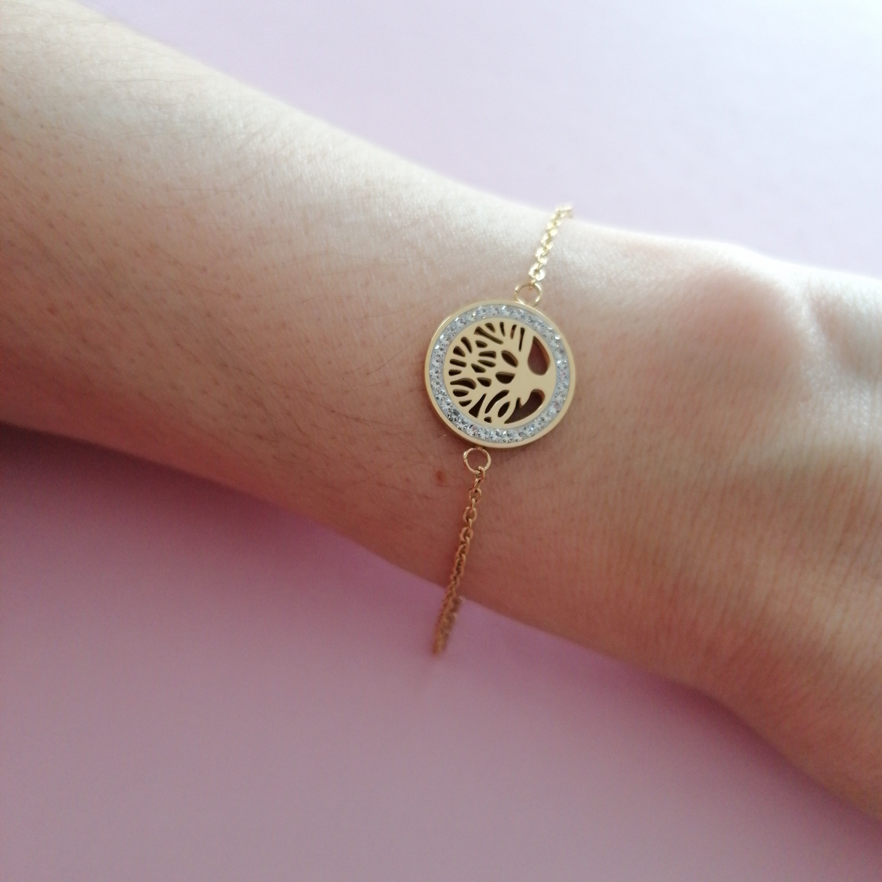 Pulseira Aço Dourado com  Árvore da Vida e Zircónias