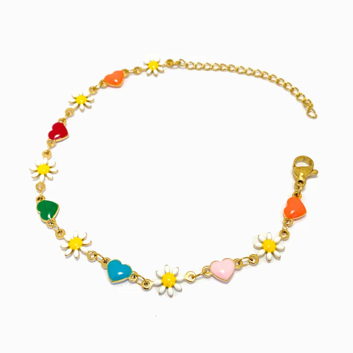 Pulseira em Aço Dourado Flores e Corações Criança