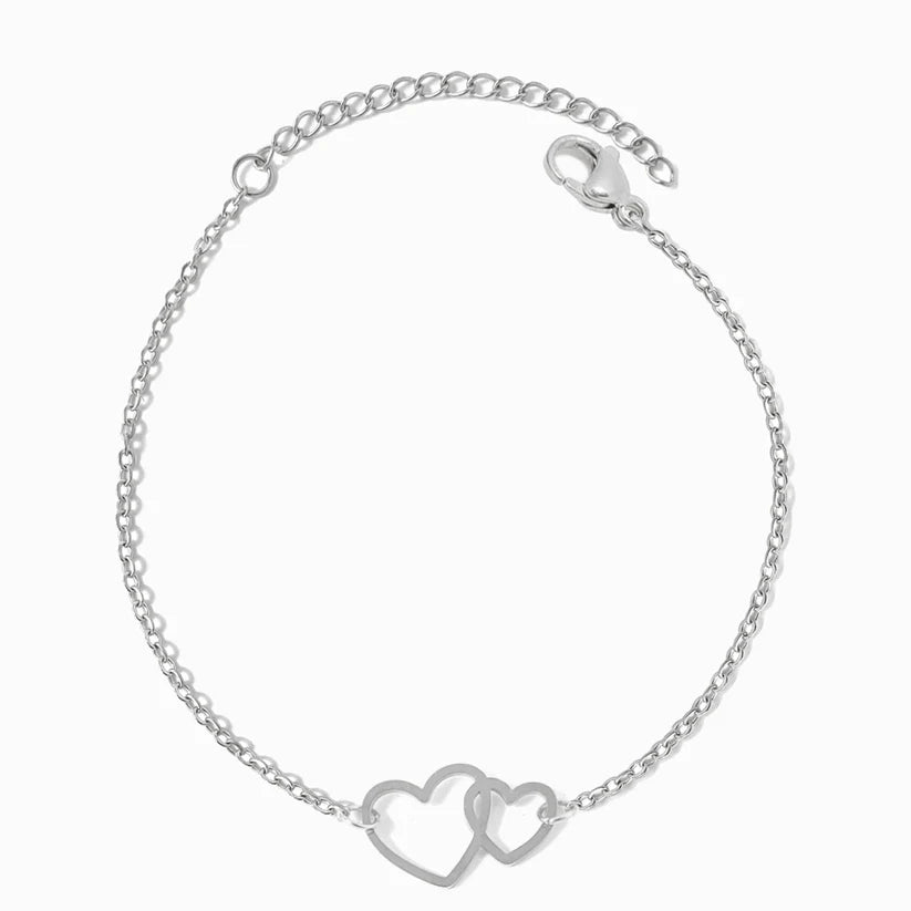 Pulseira em Aço Prateado com Corações Interlaçados