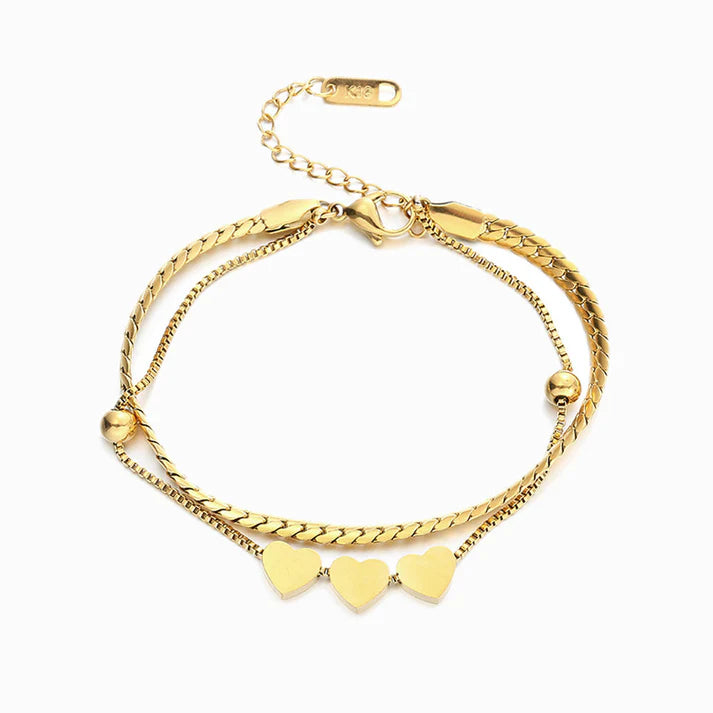 Pulseira Aço Dourado Dupla Corações
