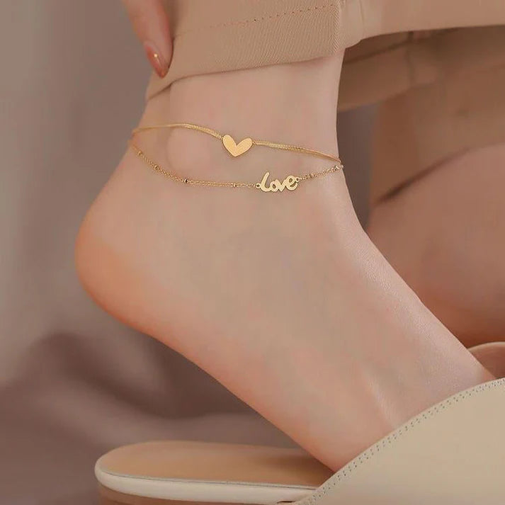 Pulseira de Pé em Aço Dourado Dupla LOVE