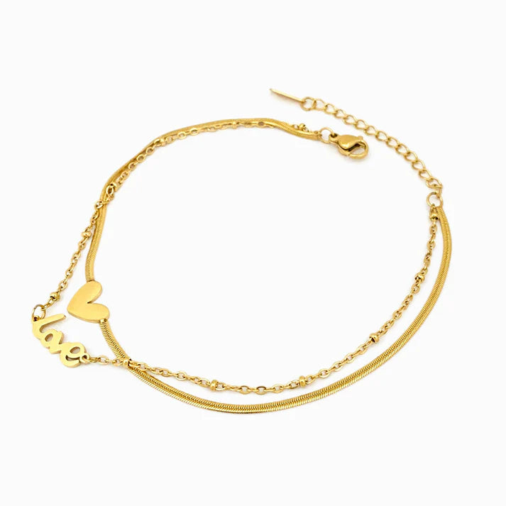 Pulseira de Pé em Aço Dourado Dupla LOVE