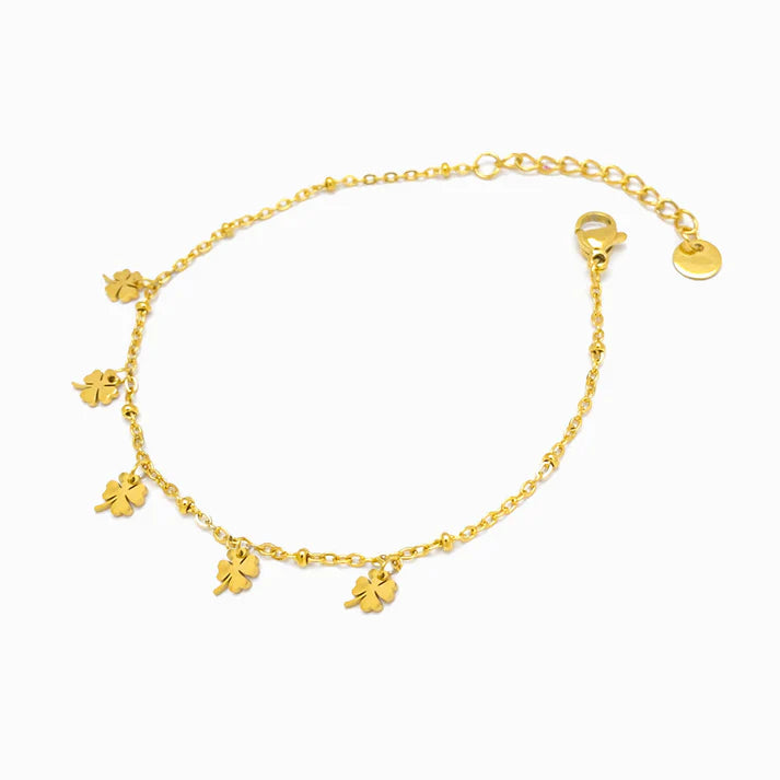 Pulseira em Aço Dourado com Pendente Trevo de 4 Folhas
