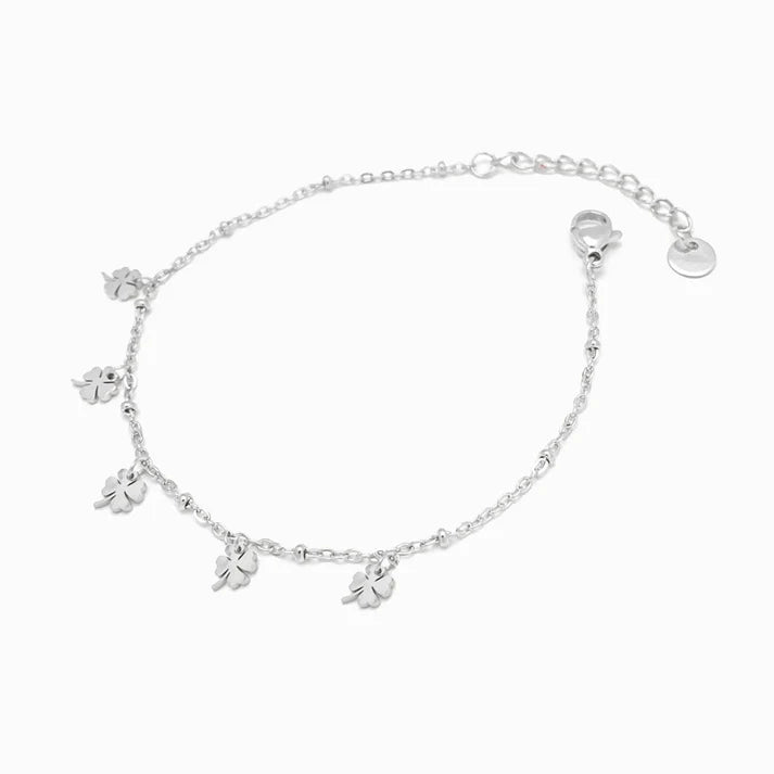 Pulseira em Aço Prateado com Pendente Trevo de 4 Folhas