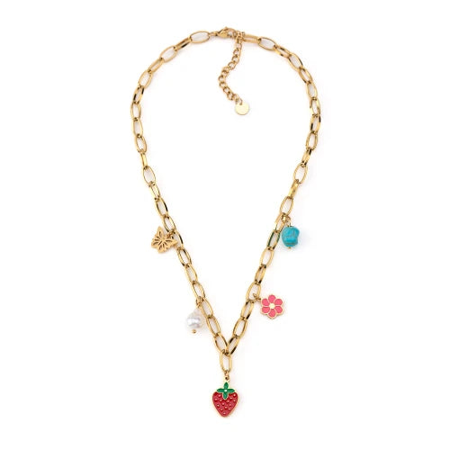 Colar em Aço Dourado Charmes Morango