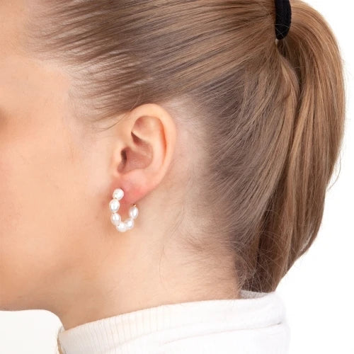 Brincos Argolas em Aço Prateado com Pérolas