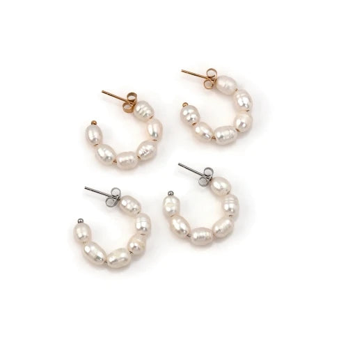Brincos Argolas em Aço Prateado com Pérolas