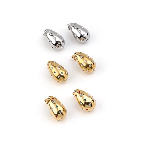Brincos em Aço Dourado Gota com Brilhantes