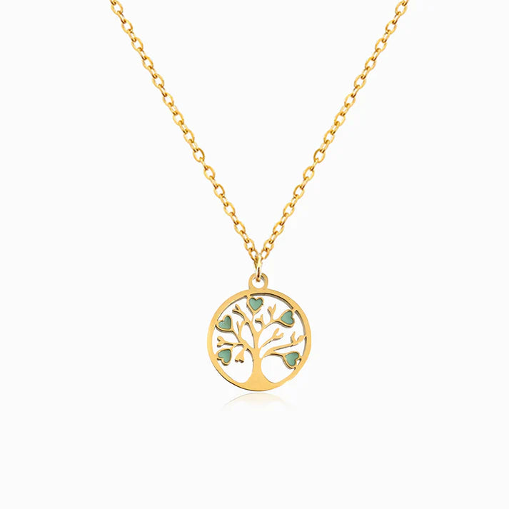 Colar em Aço Dourado com Pendente Árvore da Vida Verde Água