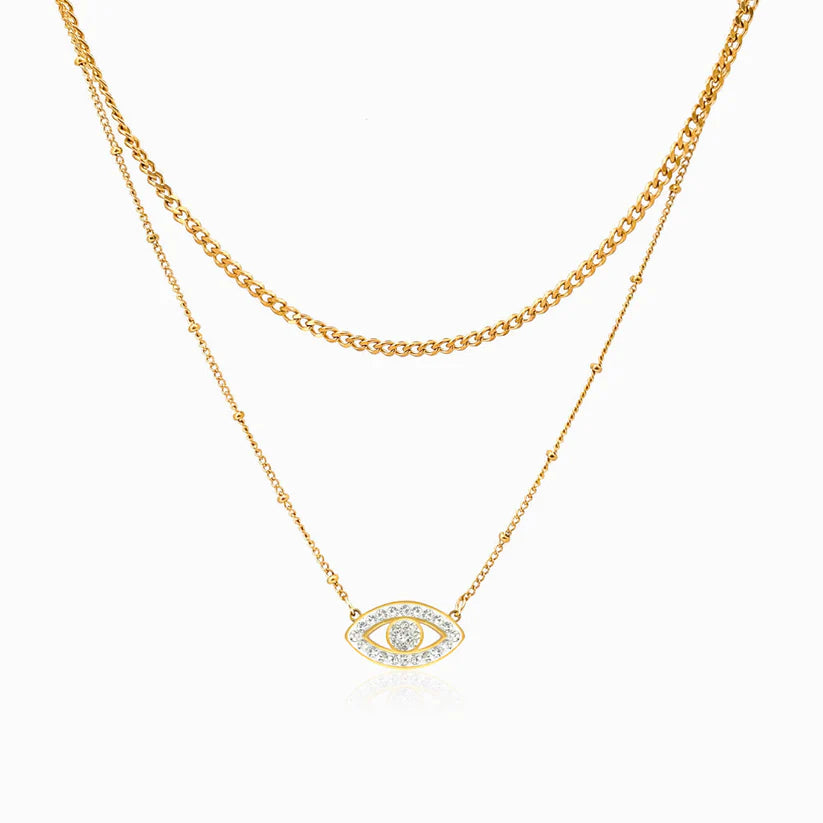 Colar Duplo Aço Dourado com pendente Olho Turco