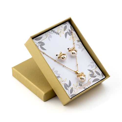 Conjunto em Aço Dourado Brincos + Colar Laço