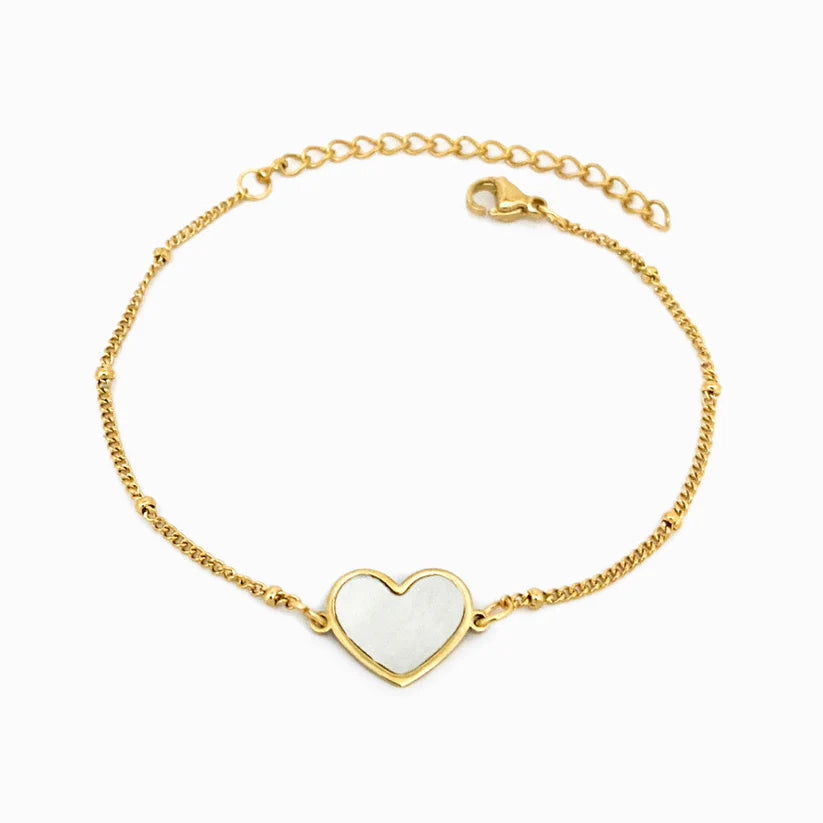 Pulseira Dourada em Aço com Coração Madreperola
