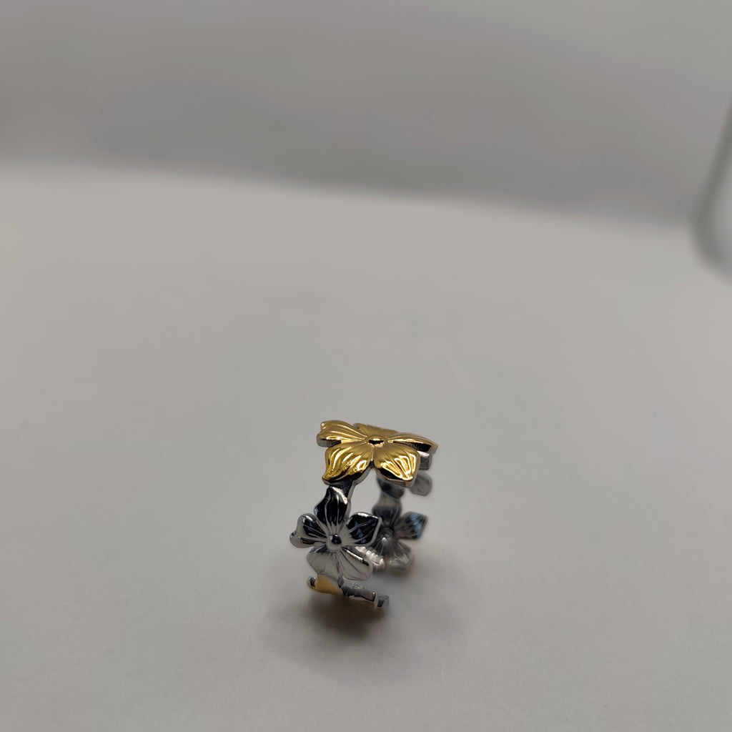 Anel Aço Dourado e Prateado Flores