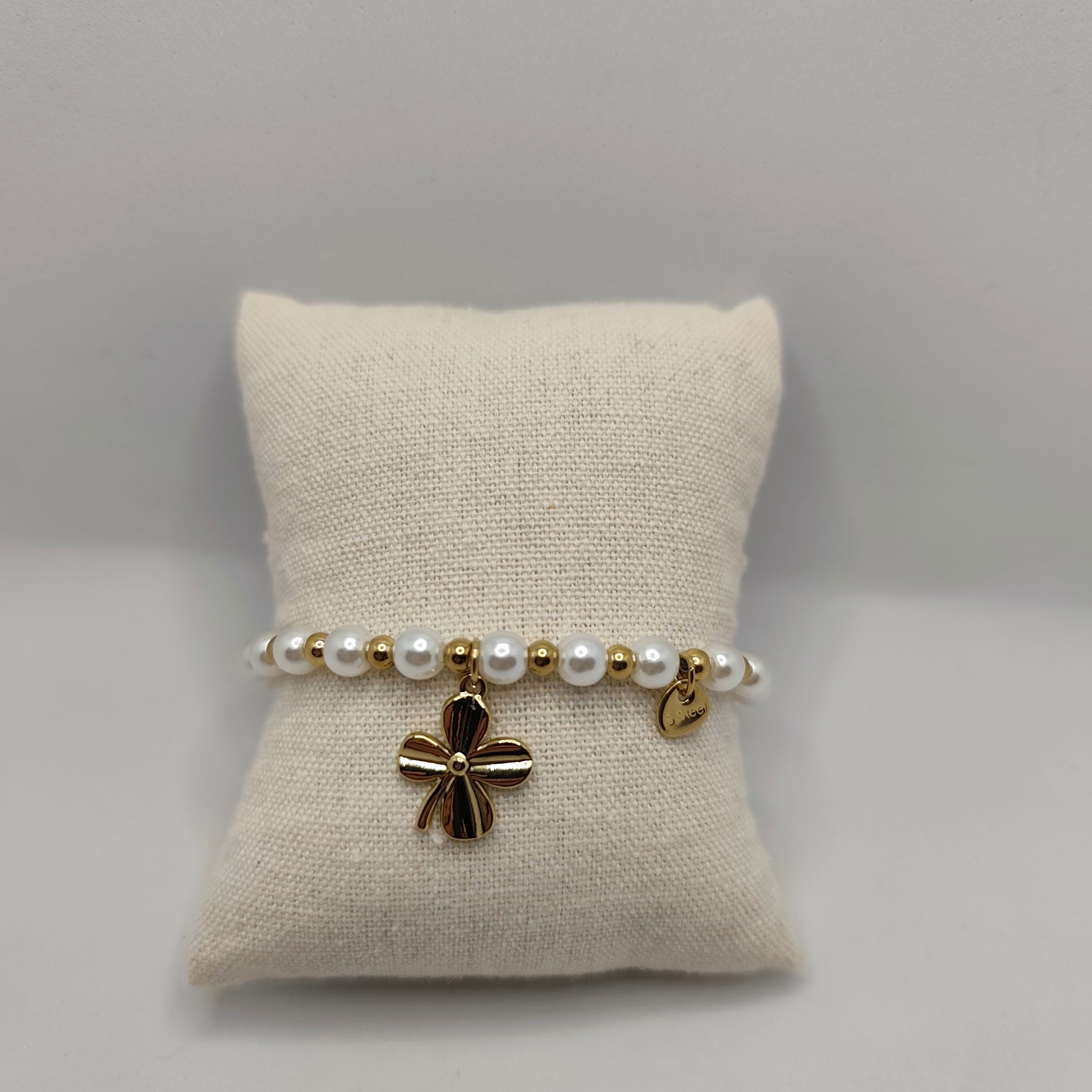 Pulseira Aço Dourado e Pérolas Brancas (elástico)