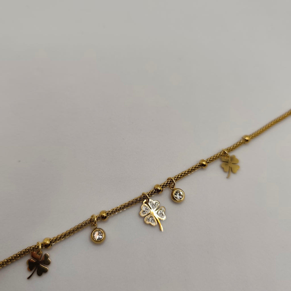Pulseira Aço Dourado Trevo e Zircónias